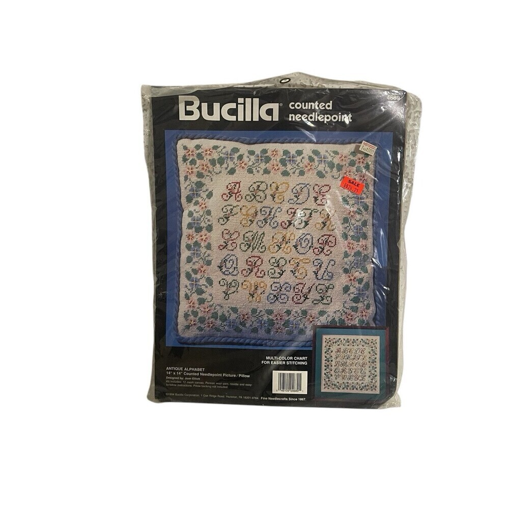 Bucilla Counted Needlepoint Antique Alphabet 4689 Picture/Pillow NOS 1994 14x14”